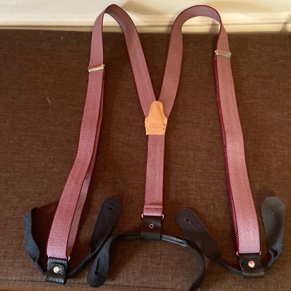 Mens red ish pin stripe suspenders